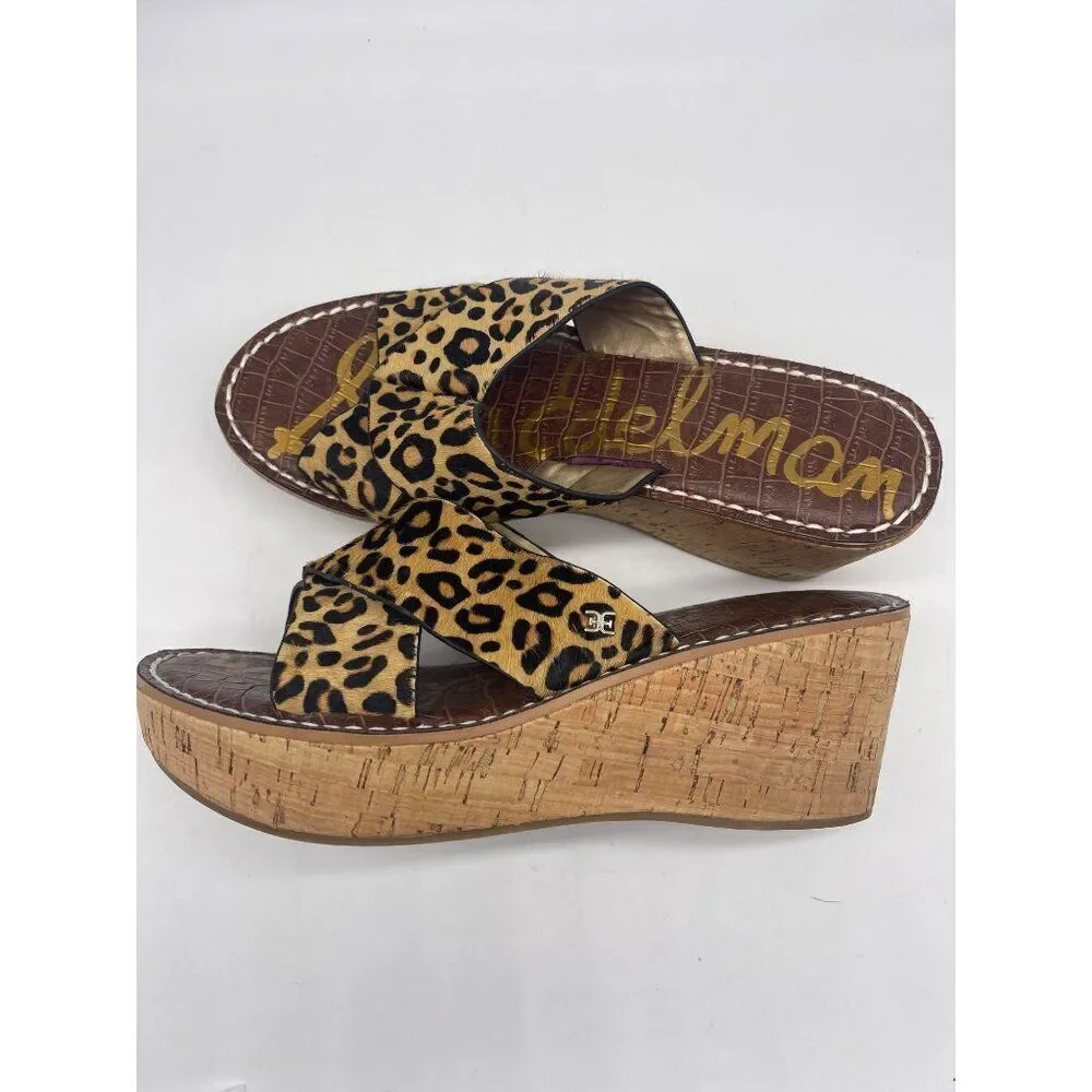 Sam Edelman Remini Women Animal Print Leather Wedge Sandal Size 8.5M